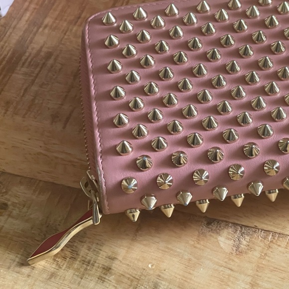 CHRISTIAN LOUBOUTIN zippy long wallet gold panettone spikes rose pink leather - Picture 11 of 14